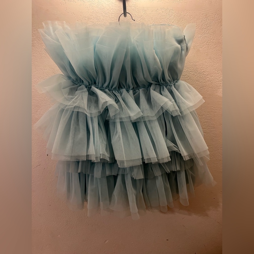 Strapless teal blue mini dress